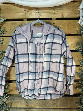 American Eagle Hooded Plaid Button-Up Shirt